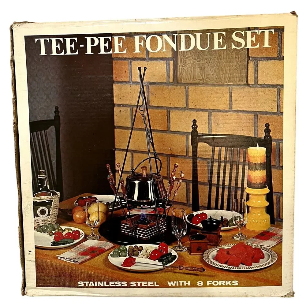Vintage 1970 Tee-Pee FONDUE Set Stainless Steel with 8 Forks Original Box Japan